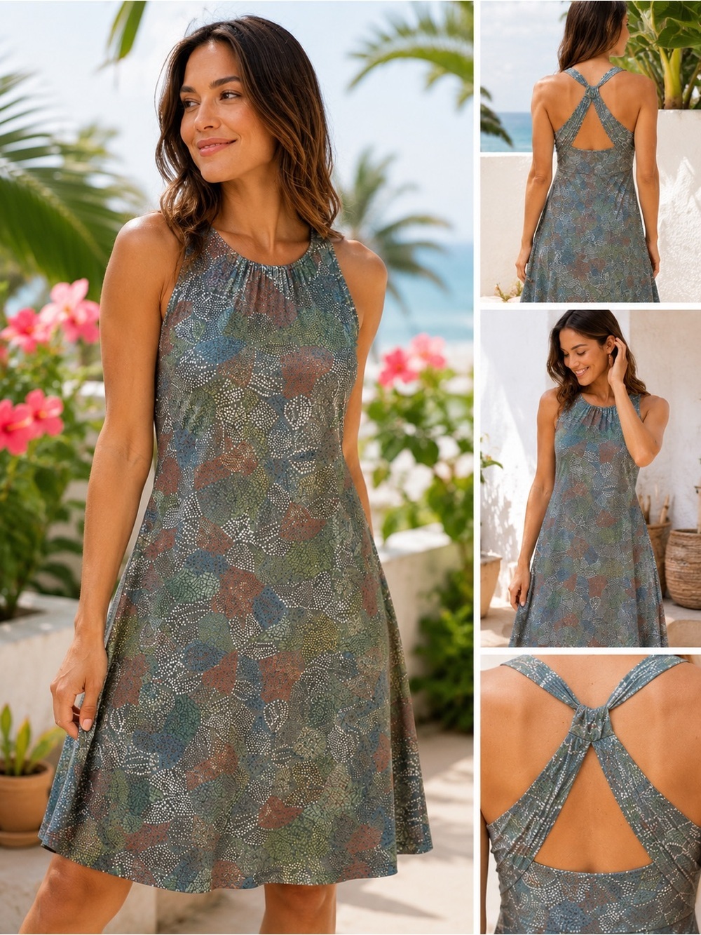 prAna Skypath Dress XL Chalkboard Dotty Twist Back Stretch Travel Dress
